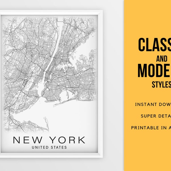 Printable Map of New York, United States  - Instant Download \ City Map \ Gift Idea \ Wall Art \ Map Poster