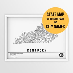 Carte imprimable du Kentucky, États-Unis avec la ville et les routes - Téléchargement immédiat \ Carte de l'État \ Art de la carte \ Carte à épingles \ Cadeau du Kentucky