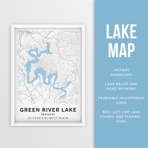 Mapa imprimible de Green River Lake, Kentucky, EE. UU. - Descarga instantánea \ Mapa del lago \ Cartel del mapa \ Decoración de la casa del lago \ LakeLife \ Pesca \ Paseos en bote