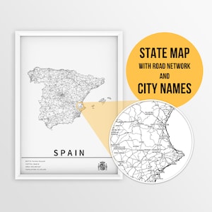 Mappa stampabile della Spagna con nomi di città e strade - Download istantaneo \ Mappa del paese \ Grafica della mappa \ Mappa puntina \ Pianificatore di viaggio \ Poster della Spagna
