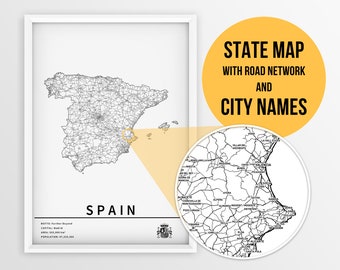 Printable Map of Spain with city names and roads - Instant Download \ Country Map \ Map Art \ Push Pin Map \ Travel Planner \ Spain Poster