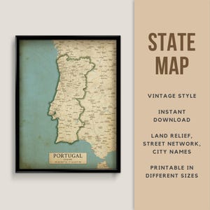 Portugal Printable Vintage Style Map poster - Instant Download, Road Map, Portugal Poster, Portugal Antique Style map, Lisbon, Porto