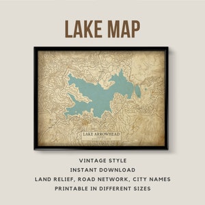 Mapa de estilo vintage de Lake Arrowhead, California, EE. UU. con nombres de ciudades - Descarga instantánea \ Mapa del lago \ Póster imprimible \ Mapa de California
