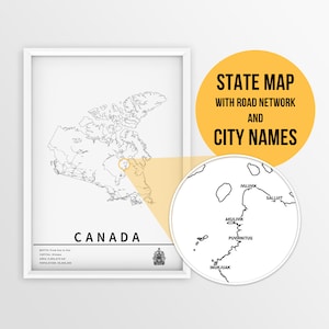 Afdrukbare kaart van Canada met stadsnamen en wegen - Instant Download \ State Map \ Map Wall Art \ Landkaart \ Punaisekaart \ Map Print
