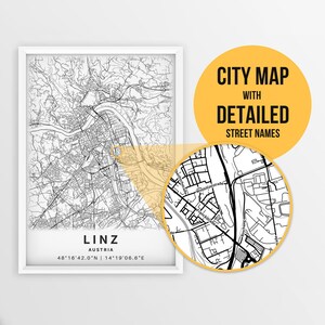 Druckbare Poster Karte von Linz, Österreich - mit Straßennamen - direkter Download \ Stadt Karte ~ Reise Geschenk ~ Poster ~ Strassen Karte Print