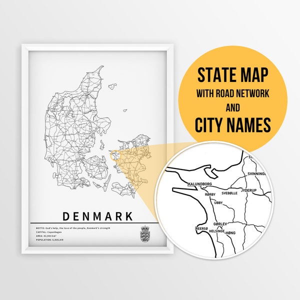 Printable Map of Denmark with city names and roads - Instant Download \ Country Map \ Map Art \ Travel Planner \ Push Pin Map \ Denmark Gift
