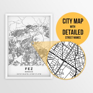 Carte imprimable de Fès, Maroc avec noms de rues - Téléchargement instantané \ Plan de la ville \ Cadeau de voyage \ Affiche de la ville \ Impression de carte routière \ Art mural
