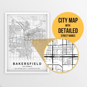 Printable Map of Bakersfield, California, USA with Street Names - Instant Download \ City Map \ Travel Gift \ City Poster \ Road Map Print