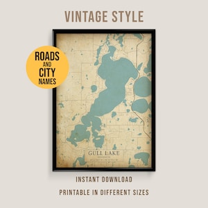 Mapa vintage del lago Gull, póster imprimible de la casa del lago de Minnesota (descarga instantánea)