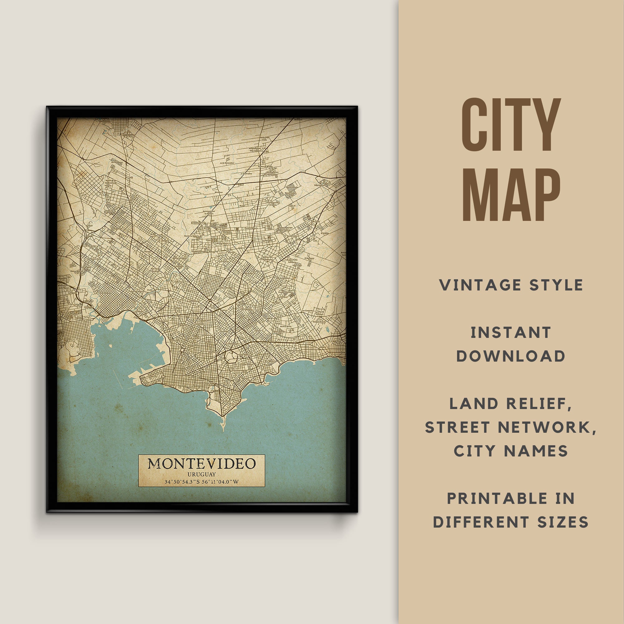 Printable Vintage Style Map of Montevideo, Uruguay - Instant Download \ Street Map \ Map Poster \ Antique Style \ Map Print \ Uruguay Gift