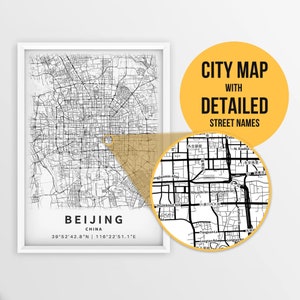Mapa para impressão de Pequim, China com nomes de ruas - download instantâneo \ Mapa da cidade \ Presente de viagem \ Cartaz da cidade \ Impressão de mapa de estradas \ Arte de parede