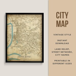 Mapa de estilo vintage imprimible de Baton Rouge, Luisiana - Descarga instantánea \ Mapa de calles \ Cartel del mapa \ Antiguo \ Impresión de mapas \ Regalo de Luisiana