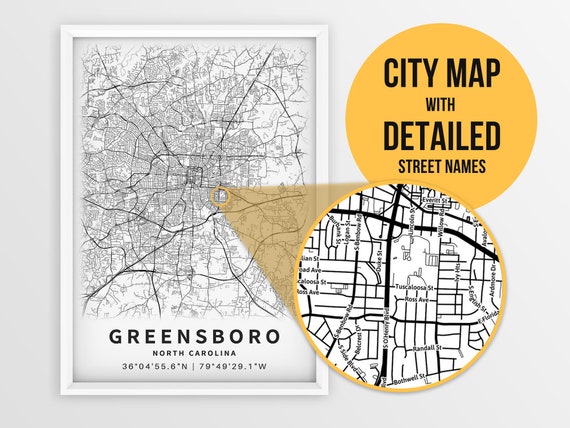 Printable Map of Greensboro NC North Carolina United States | Etsy