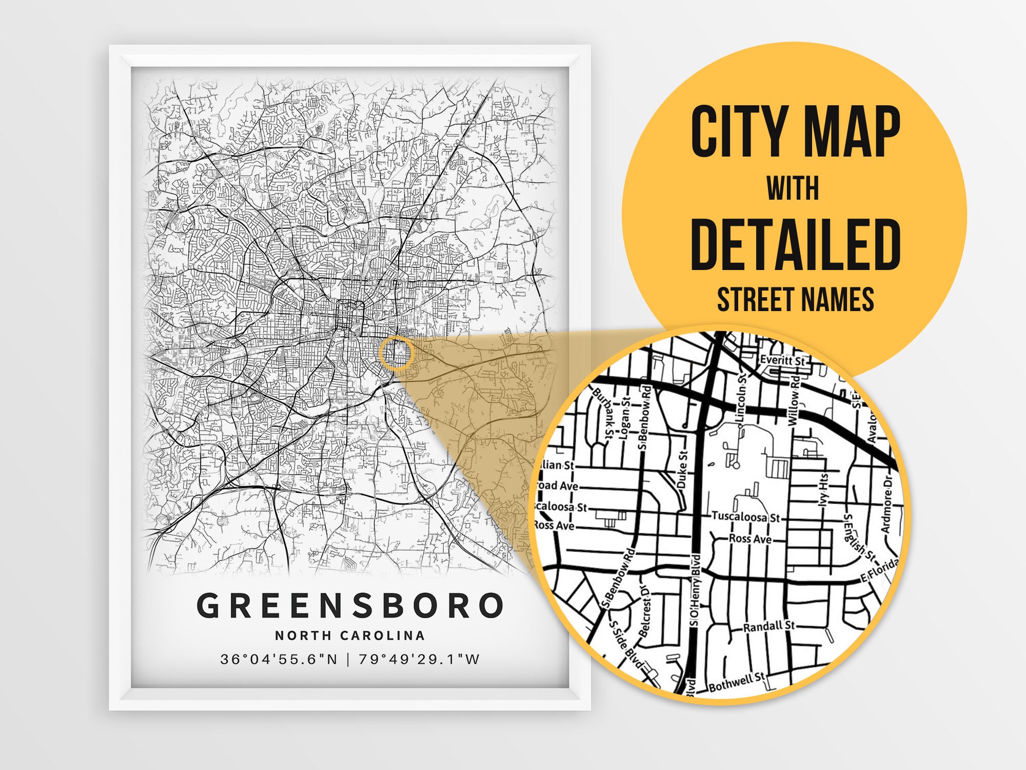 Street Map Of Greensboro Nc Printable Map Of Greensboro Nc North Carolina United States | Etsy Canada