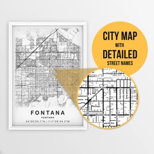 Druckbare Karte von Fontana, Kalifornien, USA mit Straßennamen - Sofort Download \ City Map \ Travel Gift \ City Poster \ Road Map Print