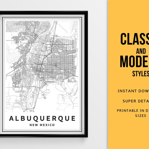 Printable map of Albuquerque NM, New Mexico USA city map - Instant Download \ Street Map \ Wall Art \ Map Poster