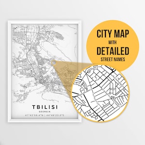 Mapa imprimible de Tiflis, Georgia con nombres de calles - Descarga instantánea \ Mapa de la ciudad \ Regalo de viaje \ Cartel de la ciudad \ Impresión de mapa de carreteras \ Mapa de calles
