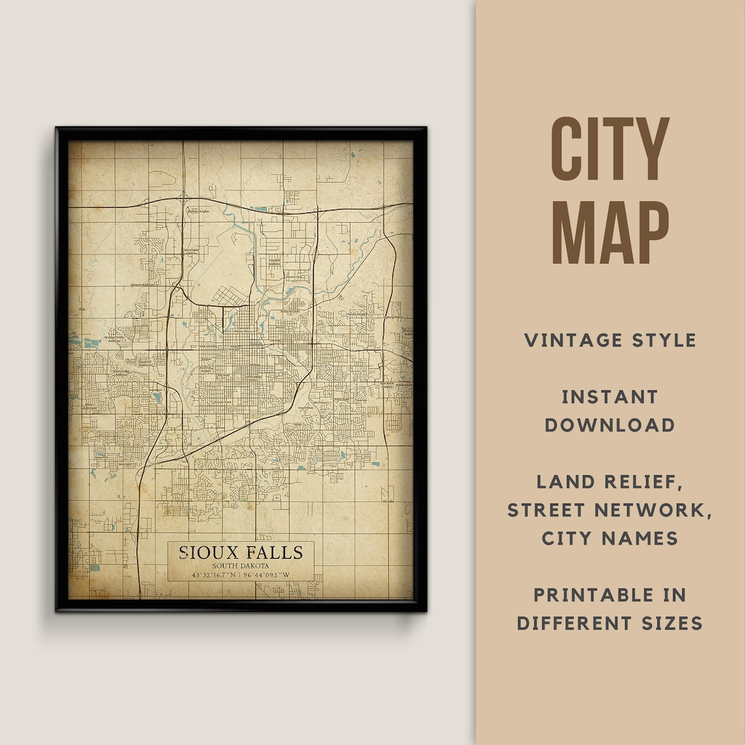 Printable Vintage Style Map of Sioux Falls, South Dakota, USA - Instant Download \ Street Map ...