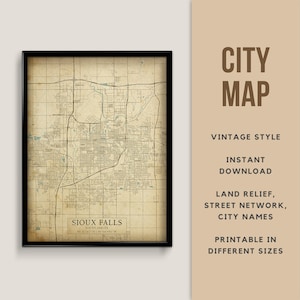 Printable Vintage Style Map of Sioux Falls, South Dakota, USA - Instant Download \ Street Map \ Wall Art \ Map Poster \ Antique \ Map Print