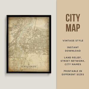 Mapa de estilo vintage imprimible Albuquerque, Nuevo México, EE. UU. - Descarga instantánea \ Mapa de la ciudad \ Regalo de viaje \ Cartel de la ciudad \ Impresión de mapa \ Arte de pared