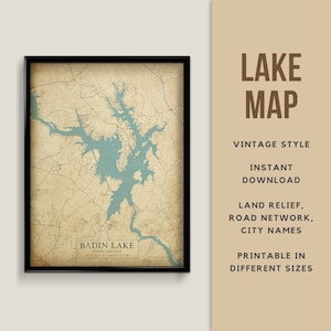 Mapa de estilo vintage de Badin Lake, Carolina del Norte, EE. UU. con nombres de ciudades - Descarga instantánea \ Mapa del lago \ Arte de la pared \ Cartel imprimible \ Rústico