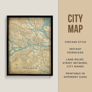 Carte de style vintage imprimable de Stockholm, Suède - téléchargement immédiat \ plan des rues \ affiche de carte \ antiquité \ impression de carte \ rustique \ cadeau de la Suède