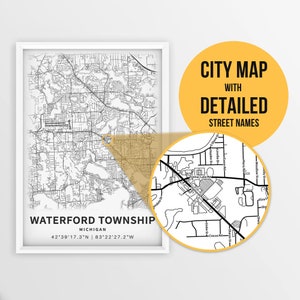Druckbare Karte von Waterford Township, Michigan, USA mit Straßennamen - Sofort Download \ City Map \ Travel Gift \ City Poster \ Road Map
