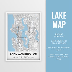 Afdrukbare kaart van Lake Washington, Washington, Seattle, VS - Instant Download \ Lake Map \ Lake House Decor \ LakeLife \ Fishing \ Varen