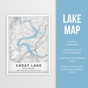 Mapa imprimible de Cheat Lake, Virginia Occidental, EE. UU. - Descarga instantánea \ Mapa del lago \ Cartel del mapa \ Decoración de la casa del lago \ LakeLife \ Pesca \ Paseos en bote