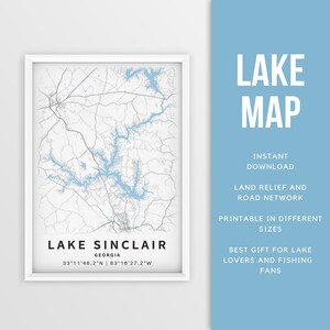 Mapa imprimible del lago Sinclair, Georgia, EE. UU. - Descarga instantánea \ Mapa del lago \ Cartel del mapa \ Decoración de la casa del lago \ LakeLife \ Pesca \ Paseos en bote
