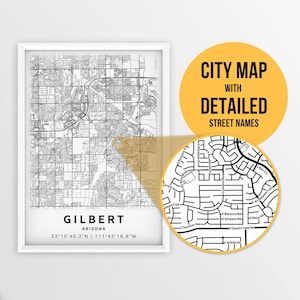 Mapa para impressão de Gilbert, Arizona, EUA com nomes de ruas - Download instantâneo \ Mapa da cidade \ Presente de viagem \ Cartaz da cidade \ Impressão de mapa de estradas