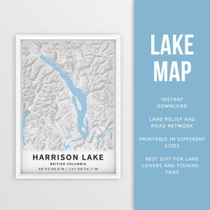 Harrison Lake, Britishänder,Kanada Karte - Landkarte Karte Poster ~Haus am See Dekor**
