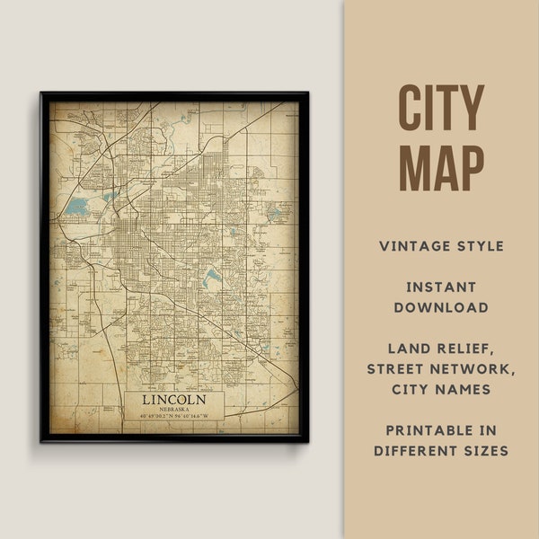 Vintage Stil Karte von Lincoln, Nebraska, USA - sofortiger Download ~ Strassenkarte ~ Wandkunst ~ Poster ~ Vintage Stil ~ Karte Print