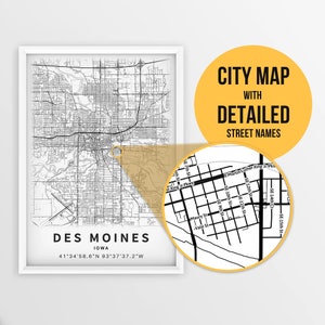 Druckbare Karte von Des Moines, Iowa, USA mit Straßennamen - Sofort Download \ City Map \ Travel Gift \ City Poster \ Road Map Print