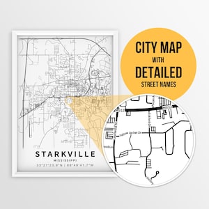 Druckbare Karte von Starkville, Mississippi, USA mit Straßennamen - Instant Download \ City Map / Reise-Geschenk / City Poster / Road Map / Ole Miss