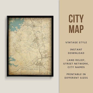Vintage Style Map of Huntersville, North Carolina, USA - Instant Download \ Street Map \ Map Poster \ Antique Style \ Map Print \ Wall Art