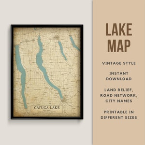 Mapa de estilo vintage del lago Cayuga, Nueva York, EE. UU. con nombres de ciudades - Descarga instantánea \ Mapa del lago \ Arte de la pared \ Mapa rústico \ Cartel del mapa