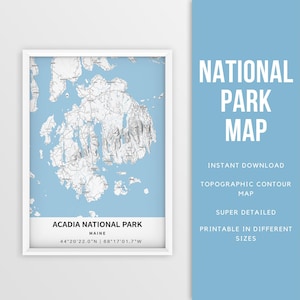 Carte imprimable du parc national d'Acadia, affiche de la topographie de l'Acadie dans le Maine - téléchargement immédiat \ carte des contours \ affiche de la carte \ randonneur cadeau \ carte des sentiers