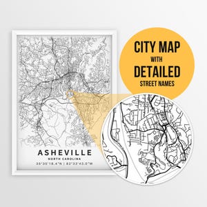 Mapa imprimível de Asheville, Carolina do Norte, EUA com nomes de ruas - Download instantâneo \ Mapa da cidade \ Presente de viagem \ Pôster da cidade \ Impressão de mapa rodoviário