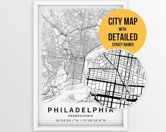 Philadelphia Pennsylvania Map with Street Names, Printable Philadelphia City Poster (Instant Download)