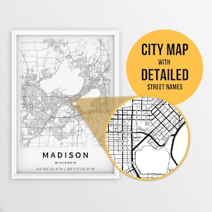 Druckbare Karte von Madison, Wisconsin, USA mit Straßennamen - Sofortiger Download ~ Karte ~ ~ Stadt Karte ~ ~ Straßenkarte Print