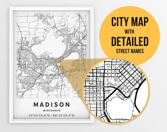 Printable Map of Madison, Wisconsin, USA with Street Names - Instant Download \ City Map \ Travel Gift \ City Poster \ Road Map Print