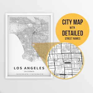 Mapa para impressão de Los Angeles, Califórnia, EUA com nomes de ruas - download instantâneo \ Mapa da cidade \ Presente de viagem \ Cartaz da cidade \ Impressão de mapa de estradas