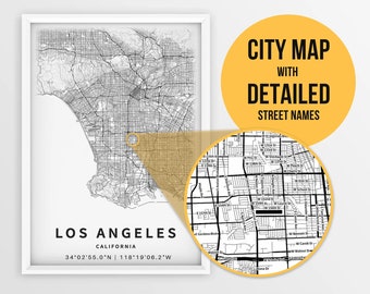 Carte imprimable de Los Angeles, Californie, États-Unis avec les noms de rue - téléchargement immédiat \ plan de la ville \ cadeau de voyage \ affiche de la ville \ impression de carte routière