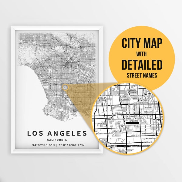 Carte imprimable de Los Angeles, Californie, États-Unis avec les noms de rue - téléchargement immédiat \ plan de la ville \ cadeau de voyage \ affiche de la ville \ impression de carte routière