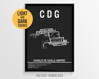 Plakat na lotnisku Charles de Gaulle w Paryżu, mapa pasa startowego lotniska CDG Roissy, podróże po Francji (natychmiastowe pobranie)