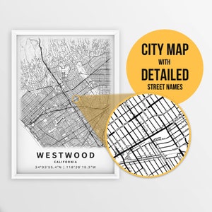 Printable Map of Westwood, Los Angeles, USA with Street Names - Instant Download \ City Map \ Travel Gift \ City Poster \ Road Map Print
