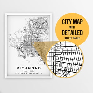 Druckbare Karte von Richmond, Kalifornien, USA mit Straßennamen - sofortiger Download ~ Karte ~ ~ Stadt Karte ~ Strassen Karte Print