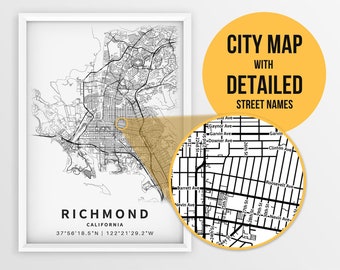 Printable Map of Richmond, California, USA with Street Names - Instant Download \ City Map \ Travel Gift \ City Poster \ Road Map Print