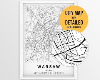 Warsaw Poland Map with Street Names, Printable Warsaw City Poster (Instant Download)